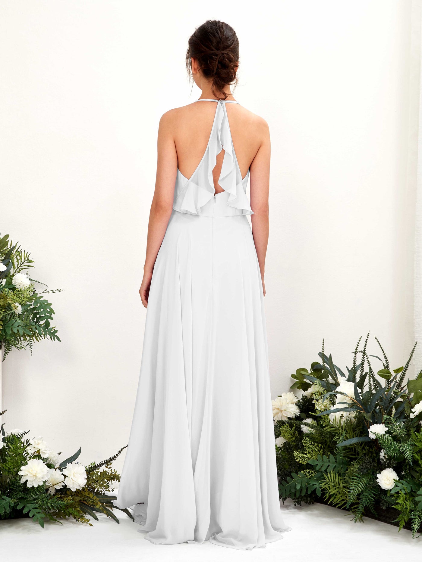 Halter V-neck Sleeveless Chiffon Bridesmaid Dress - White (81221042)#color_white