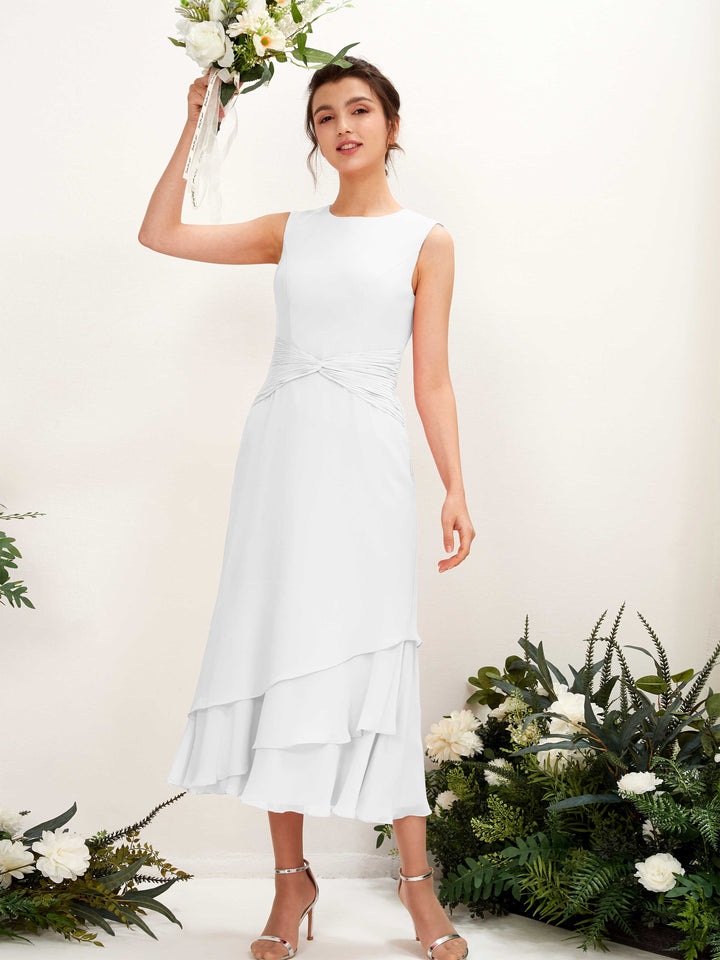 White Bridesmaid Dresses Bridesmaid Dress Mermaid/Trumpet Chiffon Round Tea Length Sleeveless Wedding Party Dress (81221942)