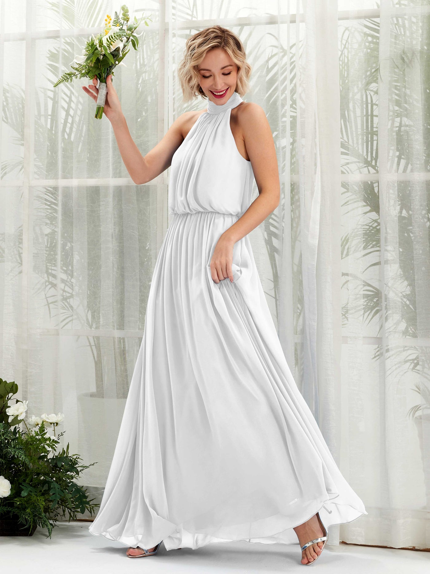 White Bridesmaid Dresses Bridesmaid Dress A-line Chiffon Halter Full Length Sleeveless Wedding Party Dress (81222942)#color_white