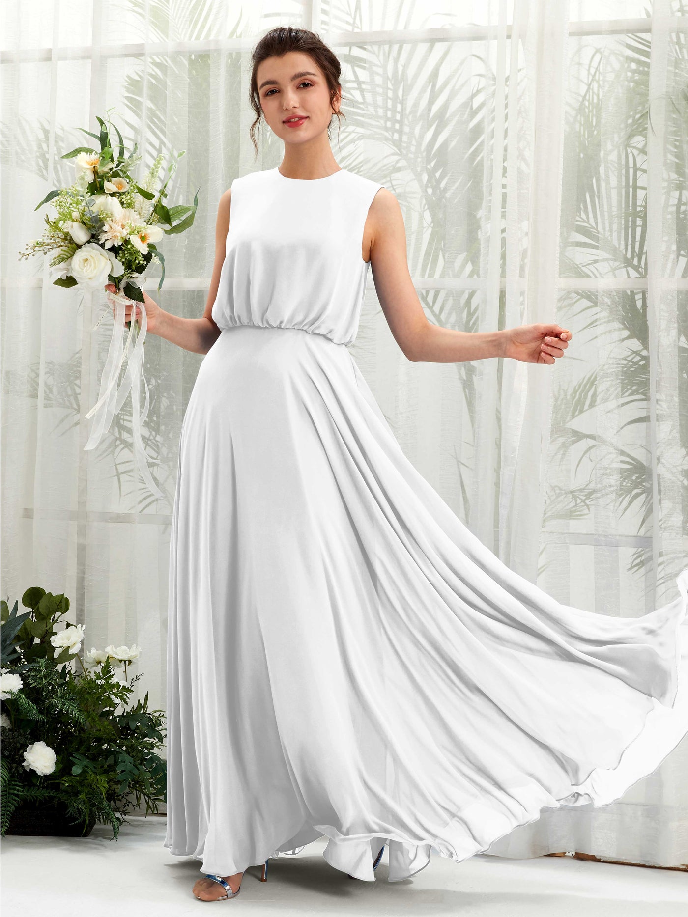 White Bridesmaid Dresses Bridesmaid Dress A-line Chiffon Round Full Length Sleeveless Wedding Party Dress (81222842)#color_white