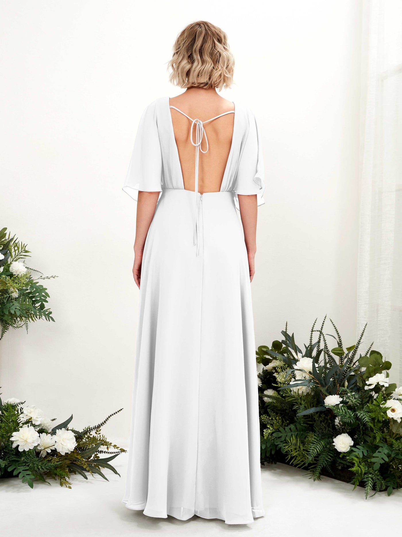 White Bridesmaid Dresses Bridesmaid Dress A-line Chiffon V-neck Full Length Short Sleeves Wedding Party Dress (81225142)#color_white