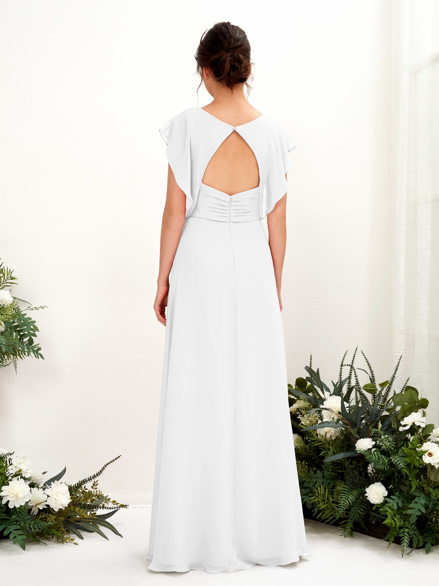 White Bridesmaid Dresses Bridesmaid Dress A-line Chiffon V-neck Full Length Short Sleeves Wedding Party Dress (81225642)#color_white