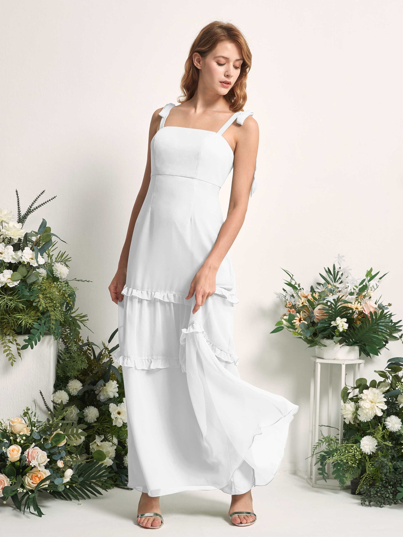 Bridesmaid Dress Chiffon Straps Full Length Sleeveless Wedding Party Dress - White (81227542)#color_white