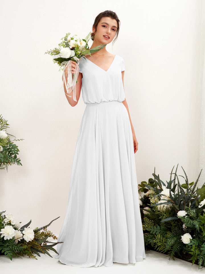 White Bridesmaid Dresses Bridesmaid Dress A-line Chiffon V-neck Full Length Short Sleeves Wedding Party Dress (81221842)