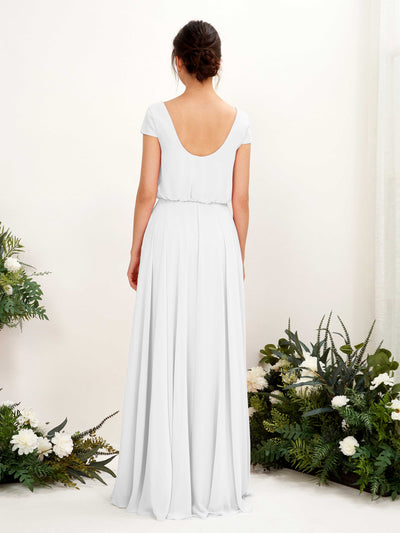 Carlyna Pauline A-Line White Bridesmaid Dress Maxi Cap Sleeve V-Neck Dress Back View #color_white