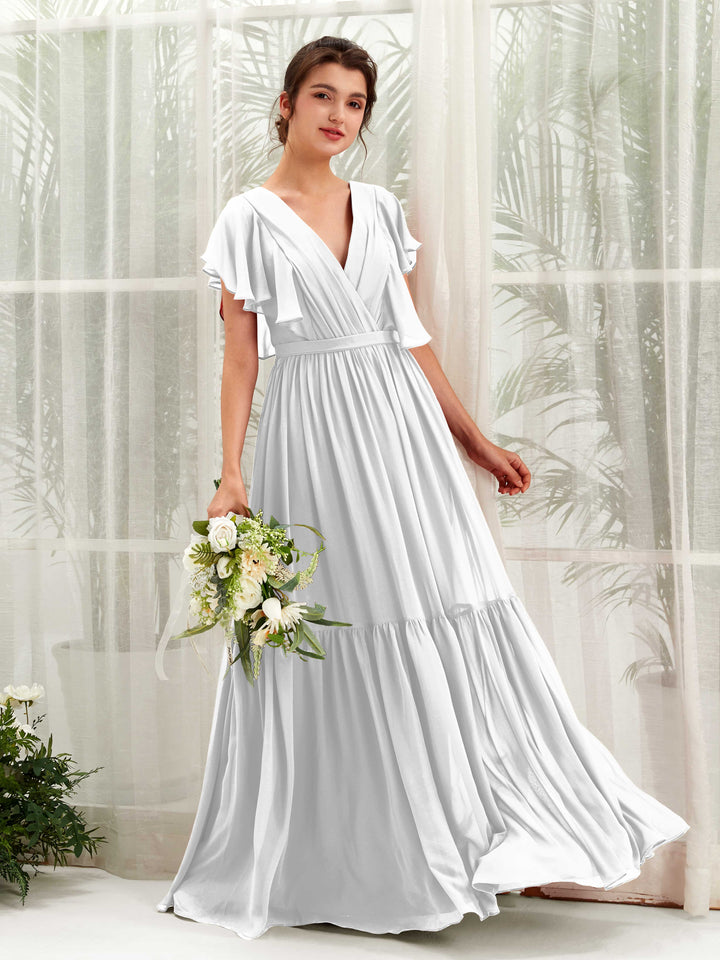White Bridesmaid Dresses Bridesmaid Dress A-line Chiffon V-neck Full Length Short Sleeves Wedding Party Dress (81225942)