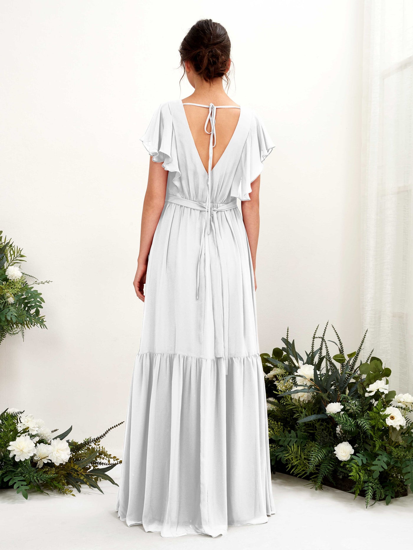 White Bridesmaid Dresses Bridesmaid Dress A-line Chiffon V-neck Full Length Short Sleeves Wedding Party Dress (81225942)#color_white