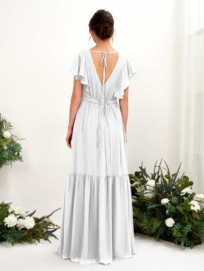 Carlyna Chaya A-Line White Bridesmaid Dress Maxi Cap Sleeve V-Neck Dress Back View #color_white