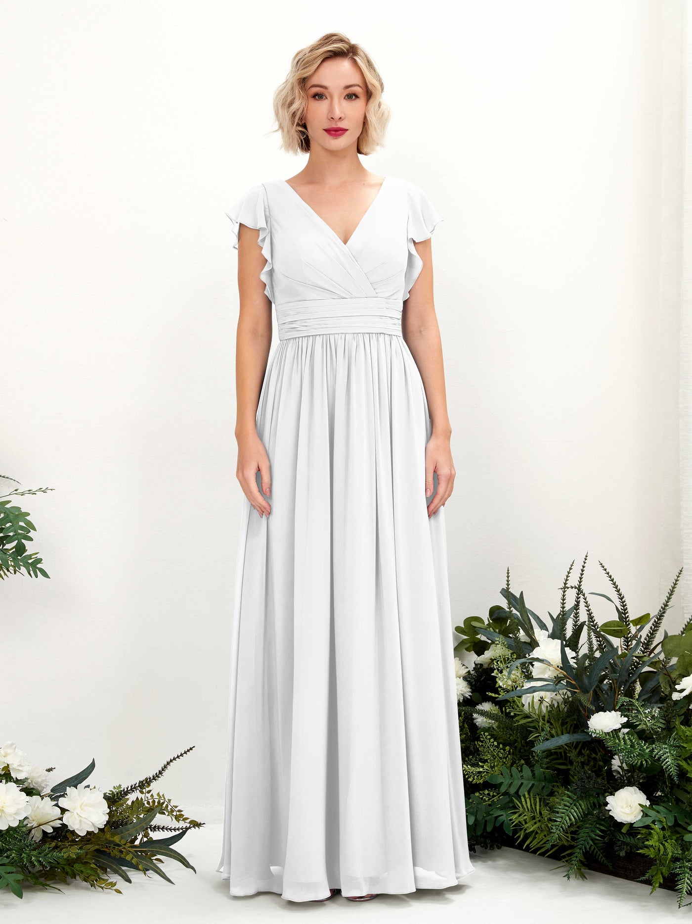 White Bridesmaid Dresses Bridesmaid Dress A-line Chiffon V-neck Full Length Short Sleeves Wedding Party Dress (81222742)#color_white