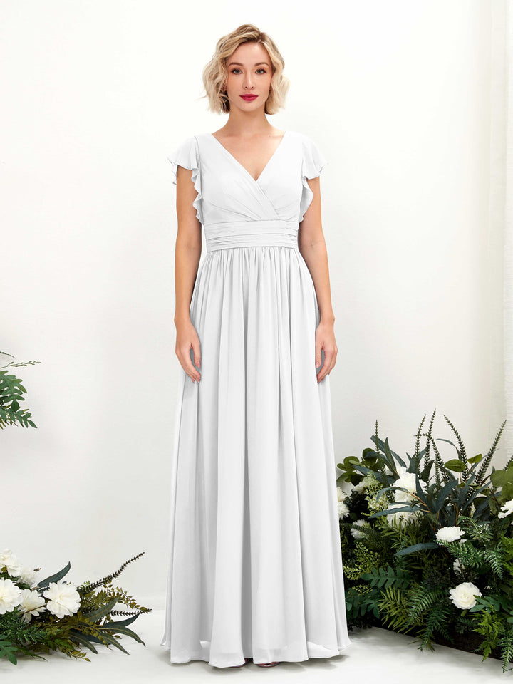 White Bridesmaid Dresses Bridesmaid Dress A-line Chiffon V-neck Full Length Short Sleeves Wedding Party Dress (81222742)
