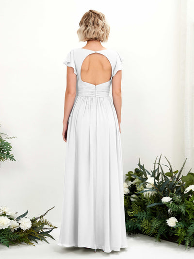 Carlyna Grino A-Line White Bridesmaid Dress Maxi Cap Sleeve V-Neck Dress Back View #color_white