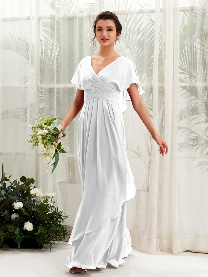 Open back V-neck Short Sleeves Chiffon Bridesmaid Dress - White (81226142)