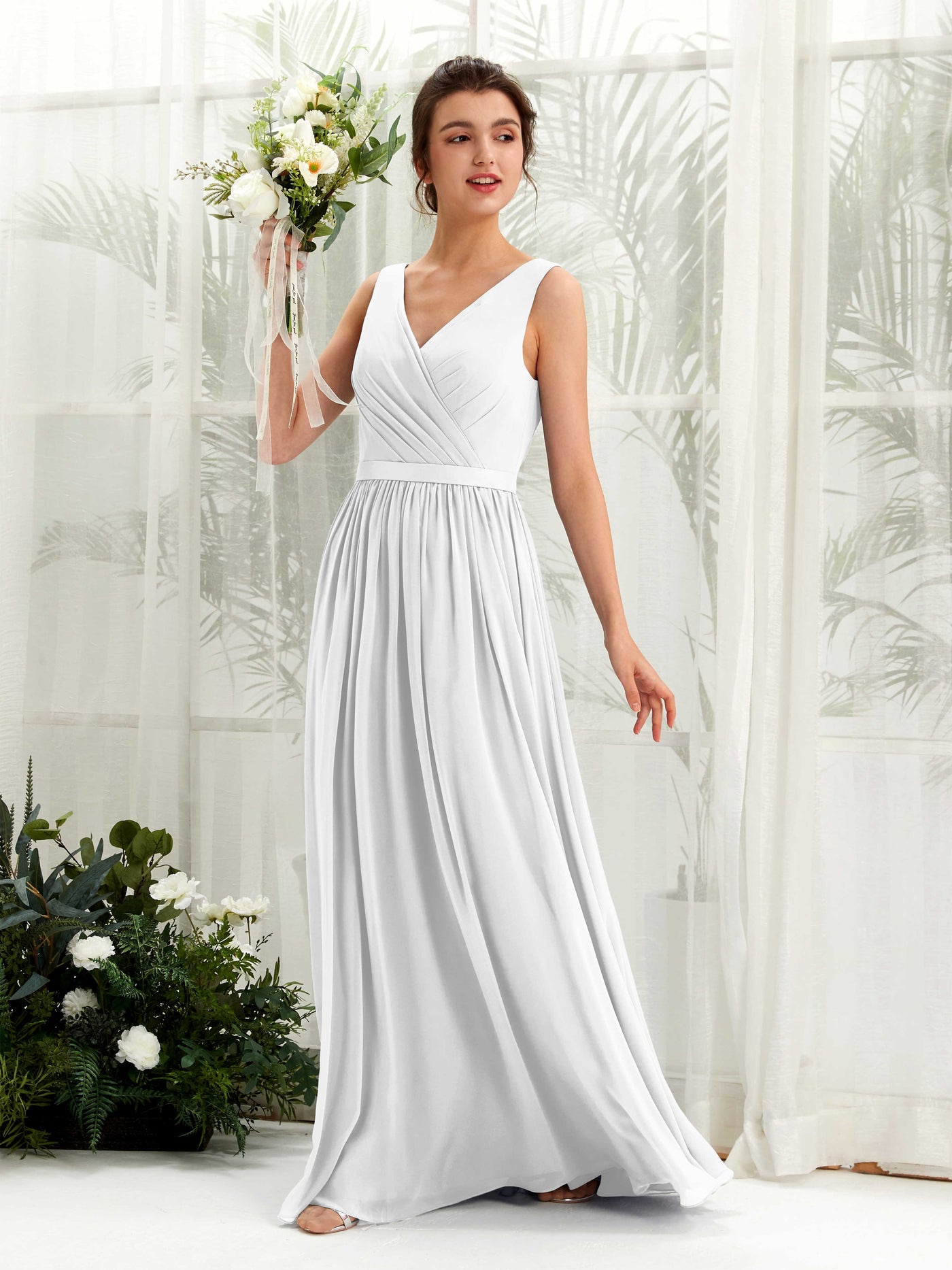 White Bridesmaid Dresses Bridesmaid Dress A-line Chiffon V-neck Full Length Sleeveless Wedding Party Dress (81223642)#color_white