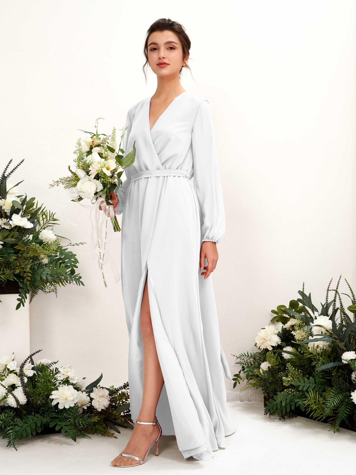 White Bridesmaid Dresses Bridesmaid Dress A-line Chiffon V-neck Full Length Long Sleeves Wedding Party Dress (81223242)#color_white