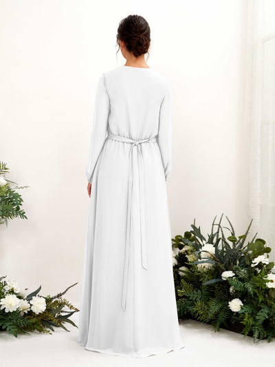 Carlyna Elsie A-Line White Bridesmaid Dress Maxi Long Sleeve V-Neck Back View #color_white