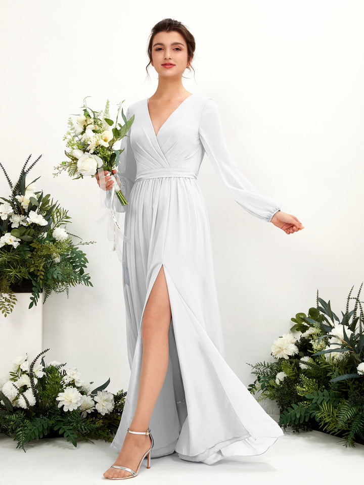 White Bridesmaid Dresses Bridesmaid Dress A-line Chiffon V-neck Full Length Long Sleeves Wedding Party Dress (81223842)