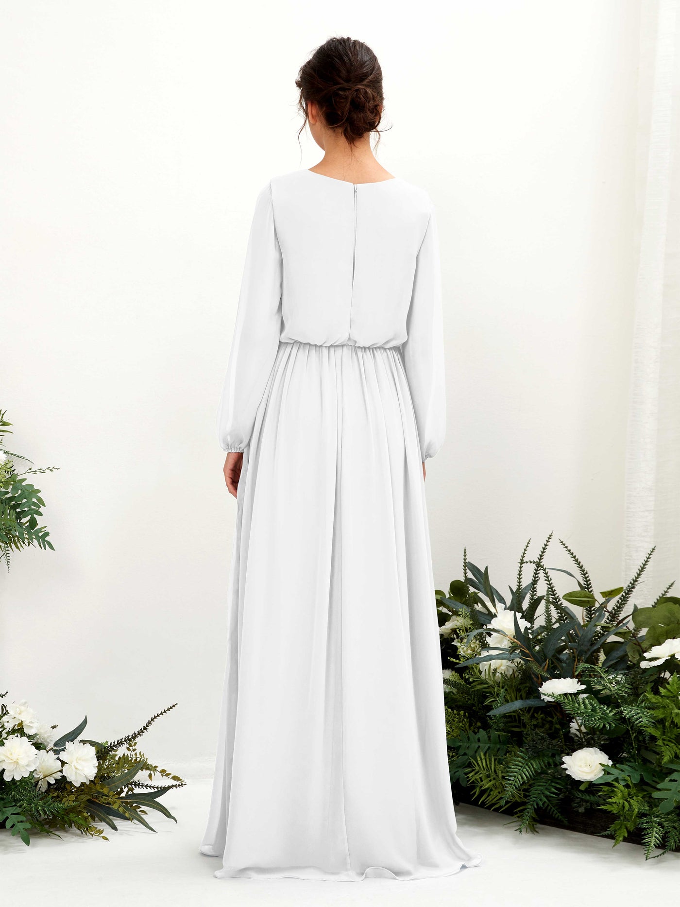 White Bridesmaid Dresses Bridesmaid Dress A-line Chiffon V-neck Full Length Long Sleeves Wedding Party Dress (81223842)#color_white