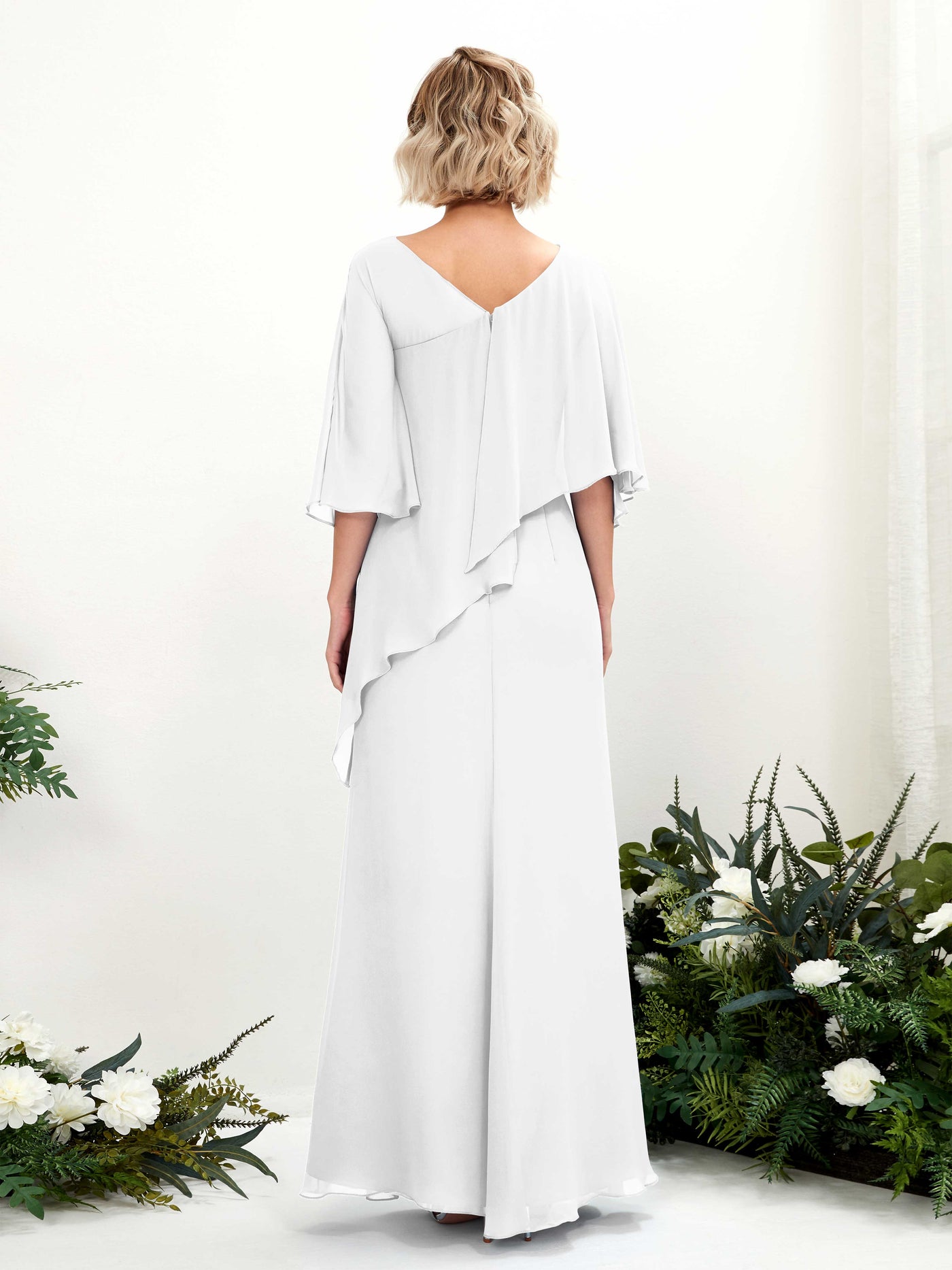 White Bridesmaid Dresses Bridesmaid Dress Bohemian Chiffon V-neck Full Length 3/4 Sleeves Wedding Party Dress (81222542)#color_white