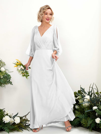 White Bridesmaid Dresses Bridesmaid Dress Chiffon V-neck Full Length Long Sleeves Wedding Party Dress (81223542)#color_white