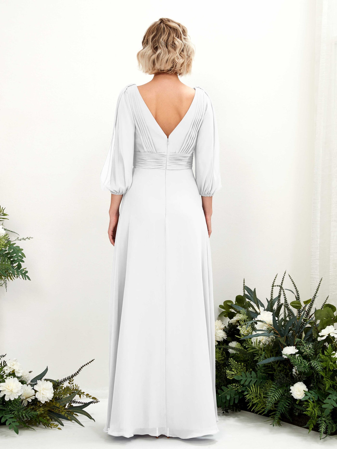 White Bridesmaid Dresses Bridesmaid Dress Chiffon V-neck Full Length Long Sleeves Wedding Party Dress (81223542)#color_white