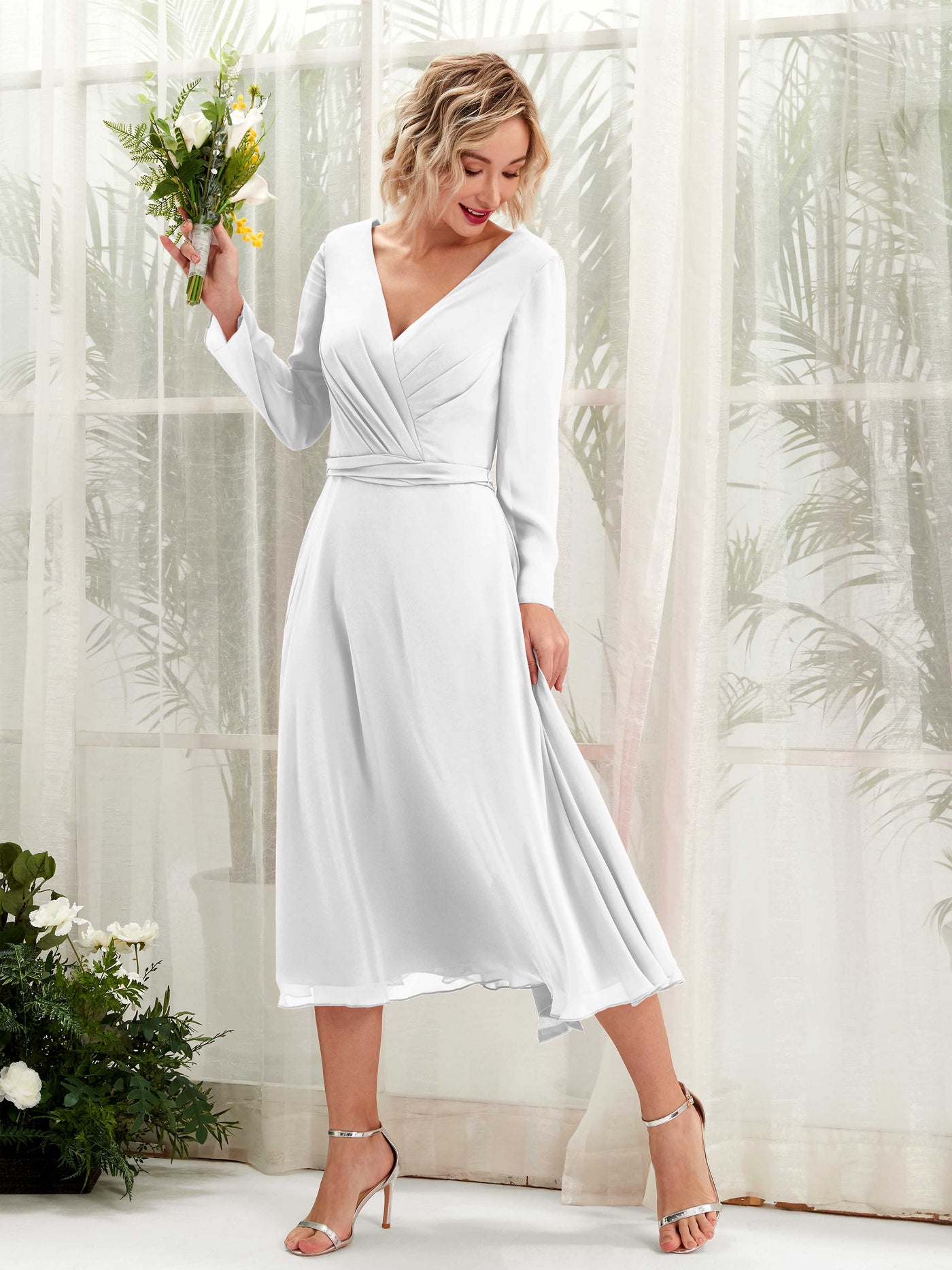 White Bridesmaid Dresses Bridesmaid Dress Chiffon V-neck Tea Length Long Sleeves Wedding Party Dress (81223342)#color_white