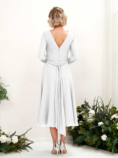 Carlyna Joanna A-Line White Bridesmaid Dress Midi Long Sleeve V-Neck Back View #color_white