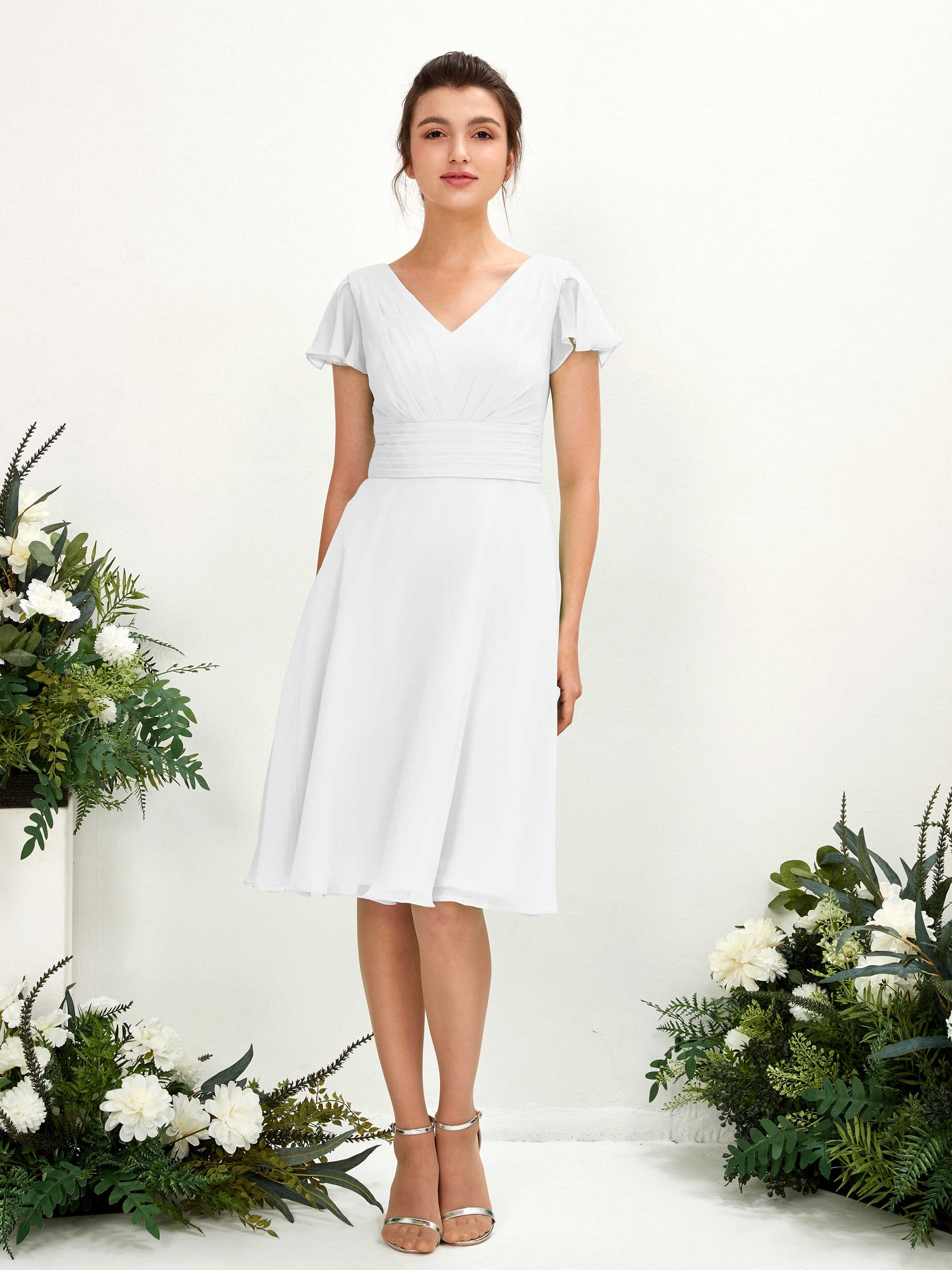 White Bridesmaid Dresses Bridesmaid Dress Chiffon V-neck Knee Length Short Sleeves Wedding Party Dress (81220242)#color_white