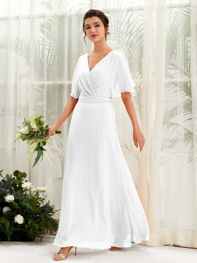 White Bridesmaid Dresses Bridesmaid Dress A-line Chiffon V-neck Full Length Short Sleeves Wedding Party Dress (81222442)#color_white