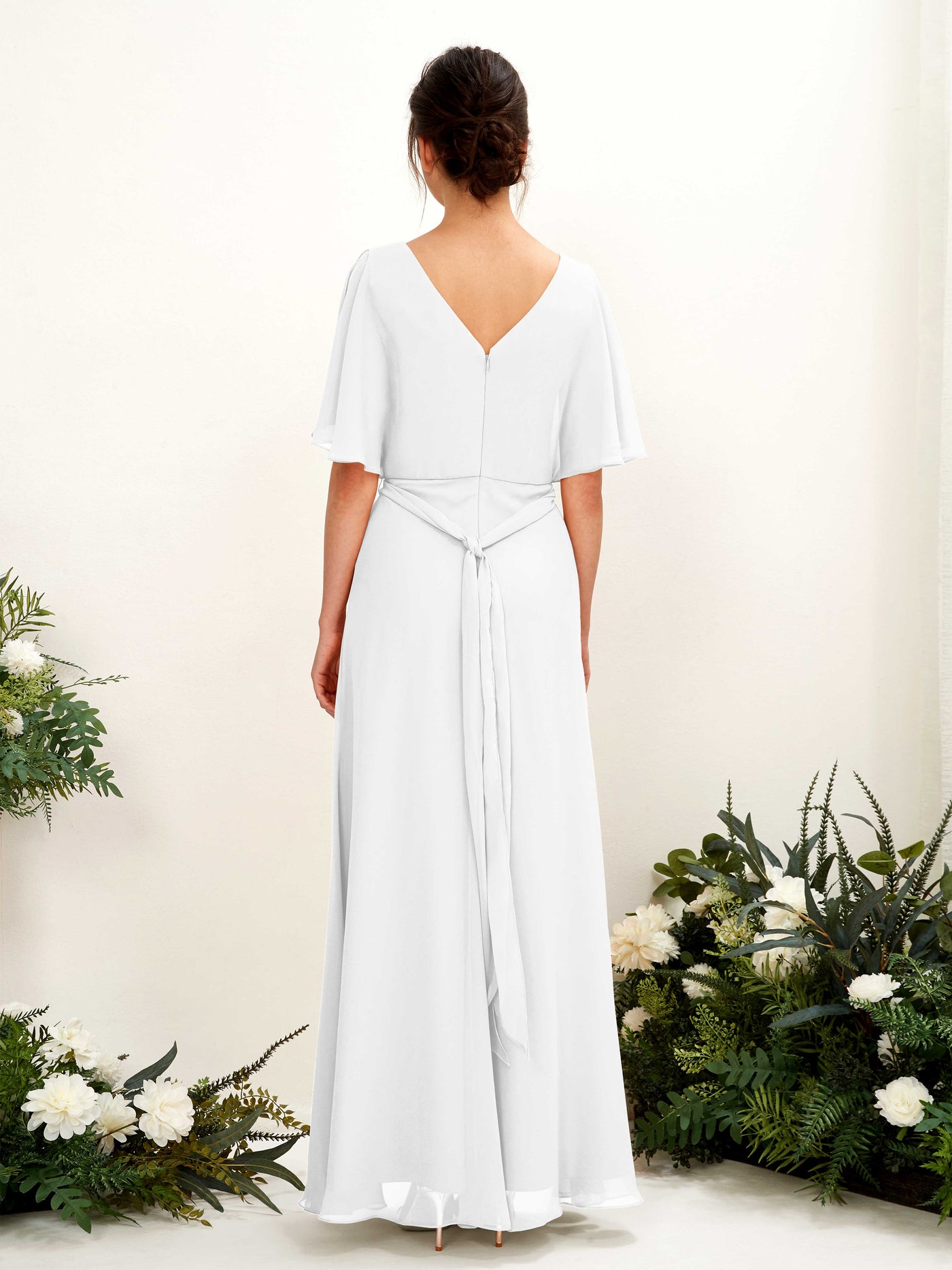 White Bridesmaid Dresses Bridesmaid Dress A-line Chiffon V-neck Full Length Short Sleeves Wedding Party Dress (81222442)#color_white