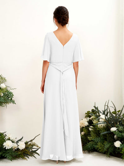 Carlyna Merta A-Line White Bridesmaid Dress Maxi Short Sleeve V-Neck Dress Back View #color_white