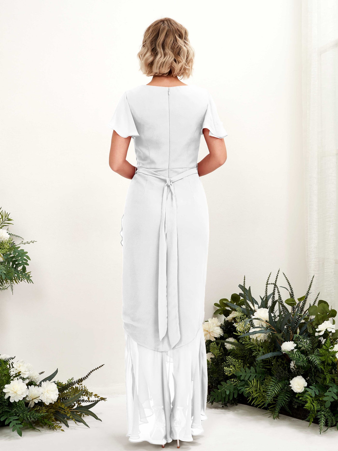 V-neck Short Sleeves Chiffon Bridesmaid Dress - White (81226242)#color_white