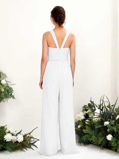 Carlyna Hilona Jumpsuit White Bridesmaid Dress Maxi Sleeveless V-Neck Dress Back View #color_white