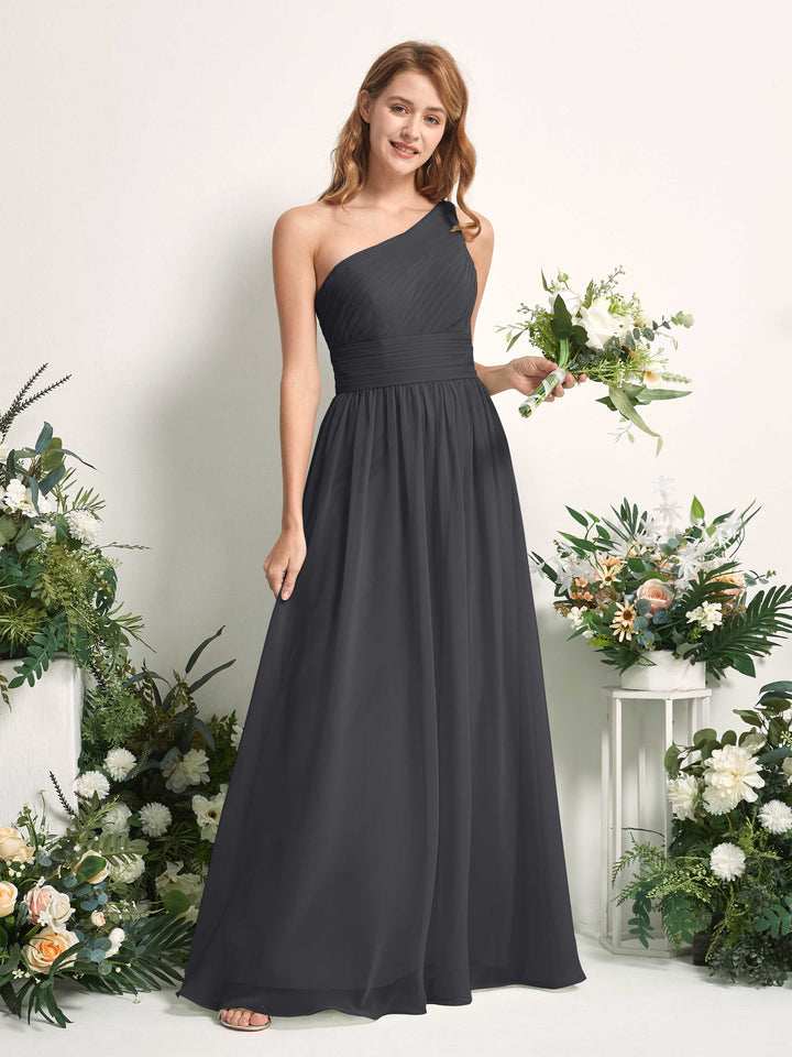 Bridesmaid Dress A-line Chiffon One Shoulder Full Length Sleeveless Wedding Party Dress - Pewter (81226738)