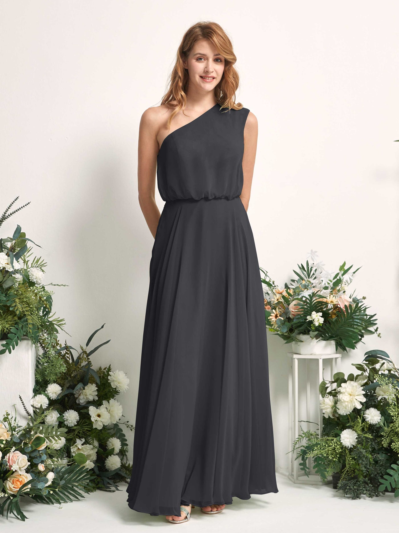 Bridesmaid Dress A-line Chiffon One Shoulder Full Length Sleeveless Wedding Party Dress - Pewter (81226838)#color_pewter