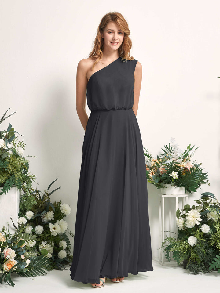 Bridesmaid Dress A-line Chiffon One Shoulder Full Length Sleeveless Wedding Party Dress - Pewter (81226838)