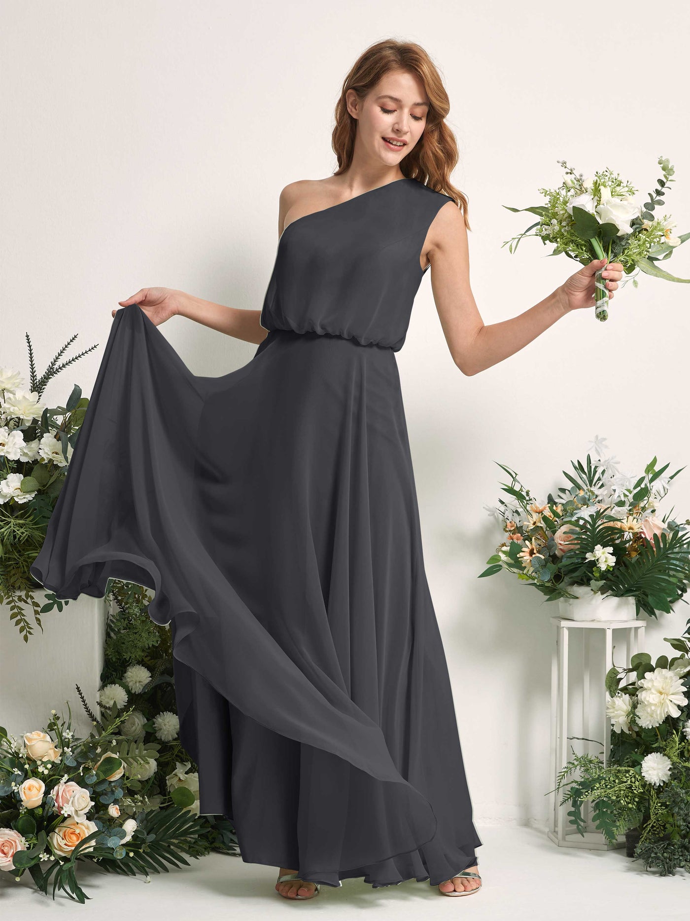 Bridesmaid Dress A-line Chiffon One Shoulder Full Length Sleeveless Wedding Party Dress - Pewter (81226838)#color_pewter