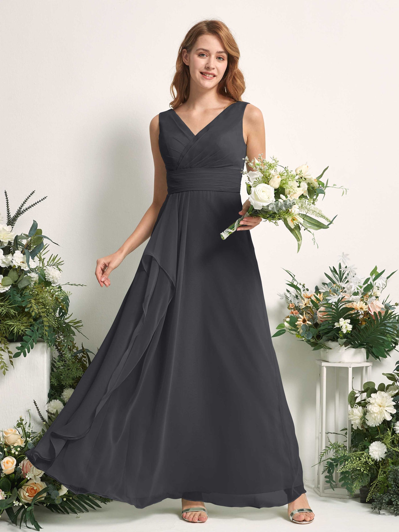 Bridesmaid Dress A-line Chiffon V-neck Full Length Sleeveless Wedding Party Dress - Pewter (81227138)#color_pewter