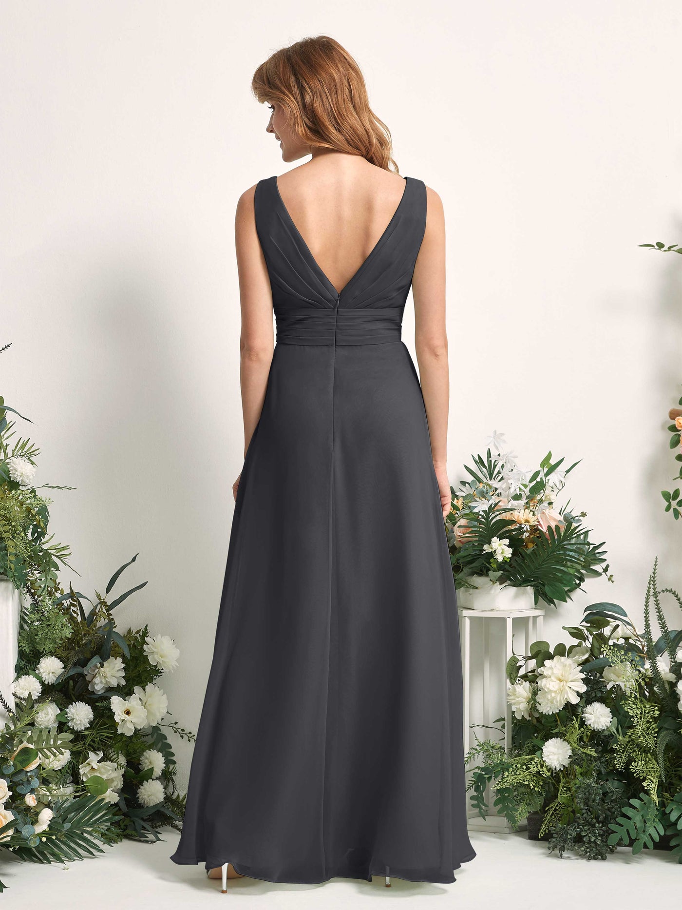 Bridesmaid Dress A-line Chiffon V-neck Full Length Sleeveless Wedding Party Dress - Pewter (81227138)#color_pewter