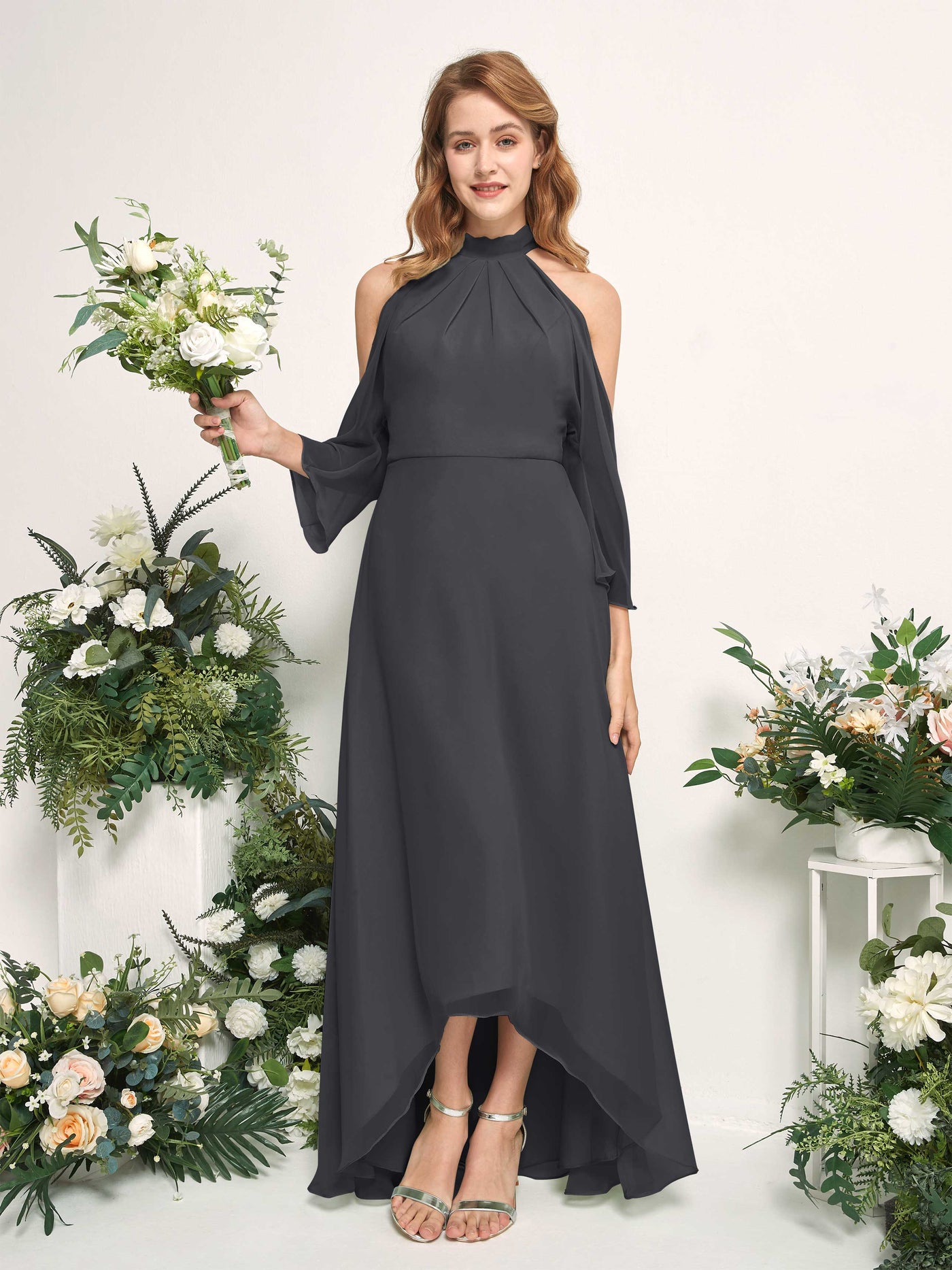 Bridesmaid Dress A-line Chiffon Halter High Low 3/4 Sleeves Wedding Party Dress - Pewter (81227638)#color_pewter