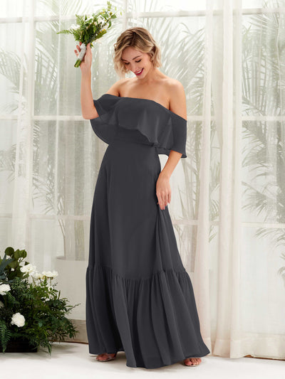 Carlyna Joie A-Line Pewter Bridesmaid Dress Maxi Sleeveless Off the Shoulder Dress Front View #color_pewter