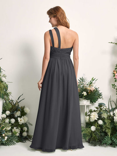 Carlyna Evelyn A-Line Pewter Bridesmaid Dress Maxi Sleeveless One Shoulder Dress Back View #color_pewter