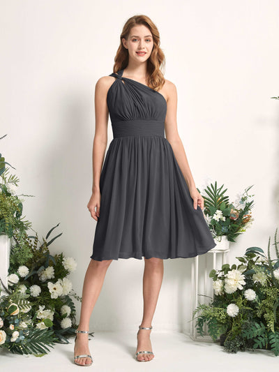 Carlyna Echo A-Line Pewter Bridesmaid Dress Knee-Length Sleeveless One Shoulder Dress Front View #color_pewter