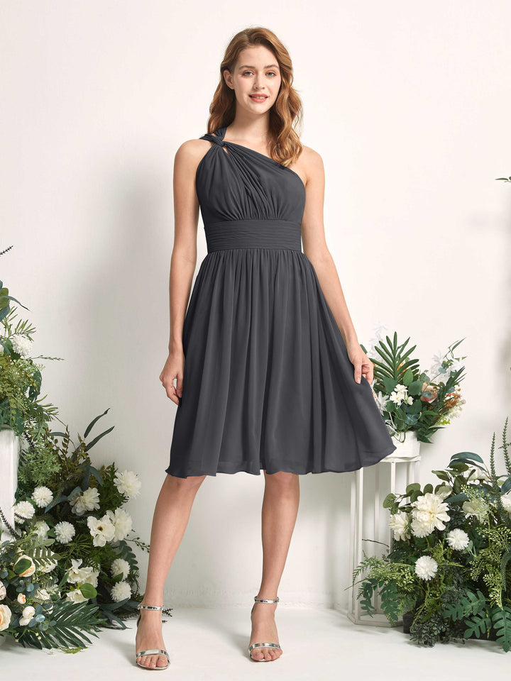 Bridesmaid Dress A-line Chiffon One Shoulder Knee Length Sleeveless Wedding Party Dress - Pewter (81221238)
