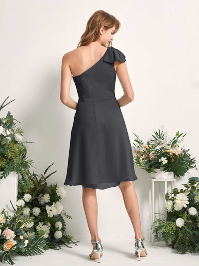 Carlyna Brenda A-Line Pewter Bridesmaid Dress Knee-Length Sleeveless One Shoulder Dress Back View #color_pewter