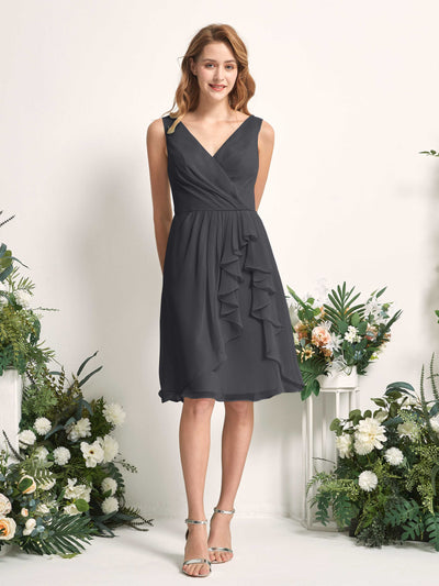 Carlyna Alisha A-Line Pewter Bridesmaid Dress Knee-Length Sleeveless V-Neck Dress Front View #color_pewter