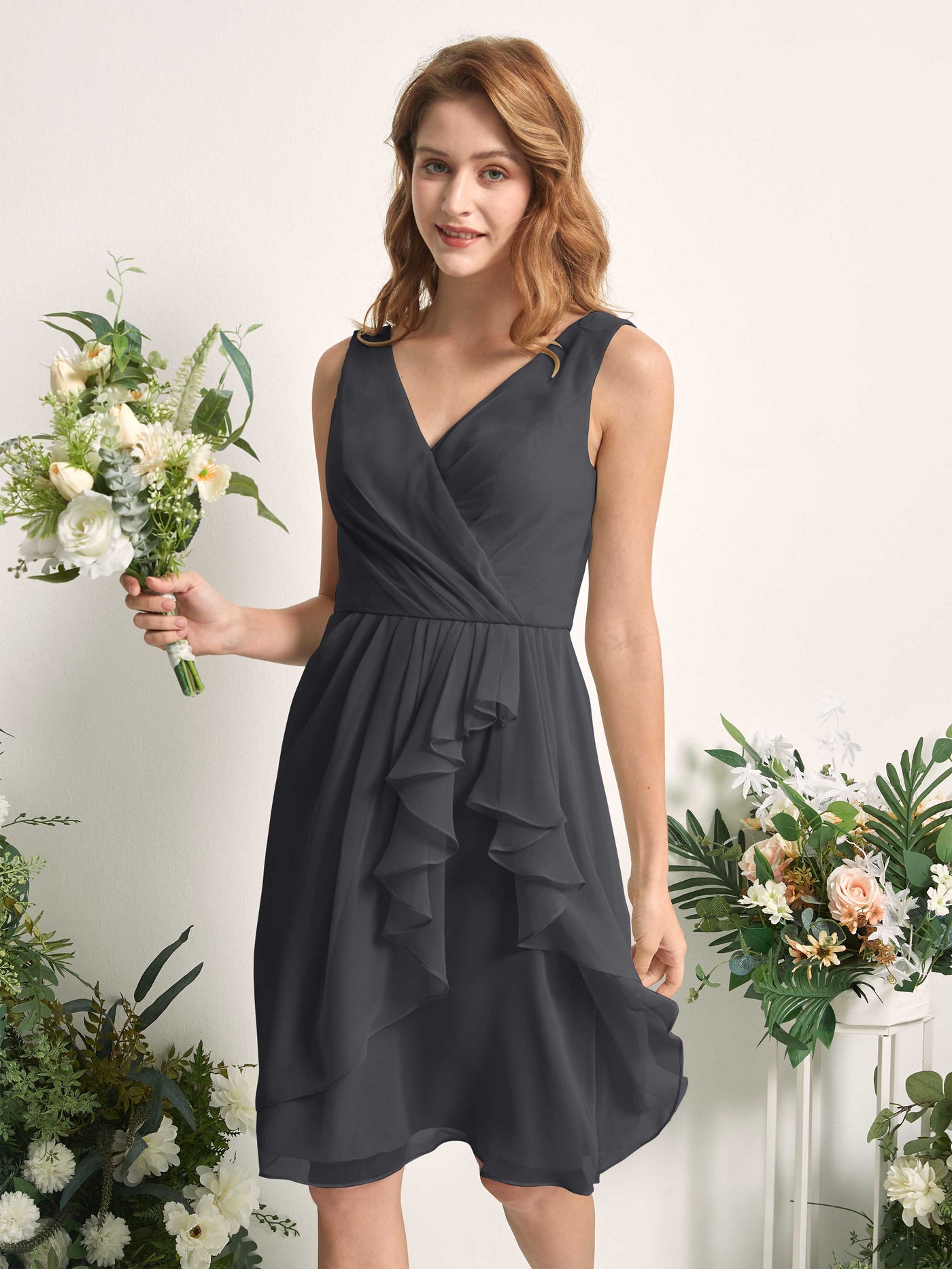 Bridesmaid Dress A-line Chiffon Straps Knee Length Sleeveless Wedding Party Dress - Pewter (81226638)#color_pewter