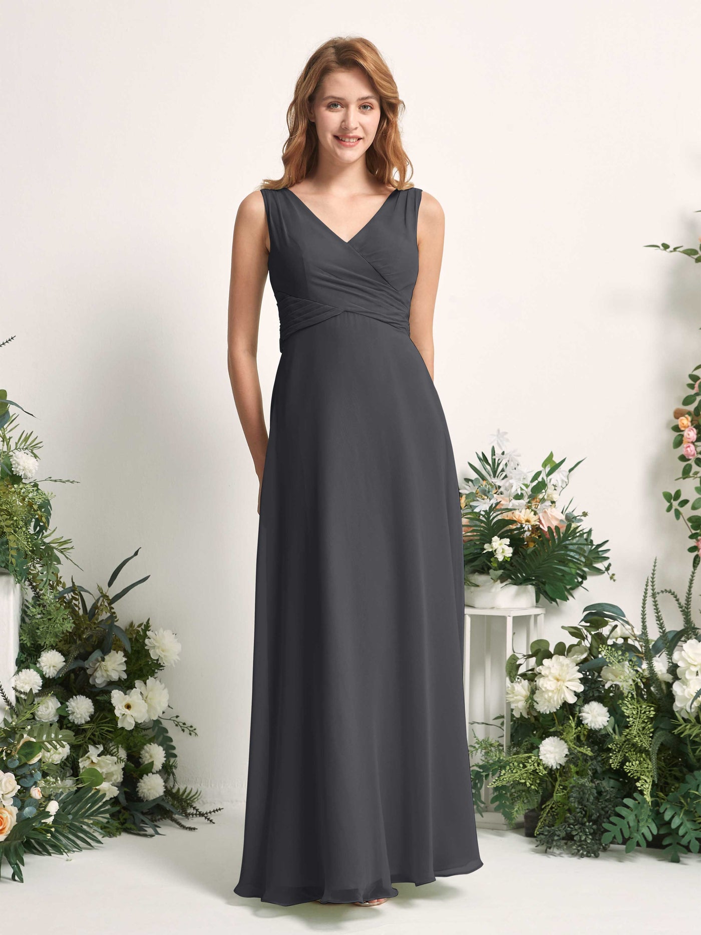 Bridesmaid Dress A-line Chiffon Straps Full Length Sleeveless Wedding Party Dress - Pewter (81227338)#color_pewter