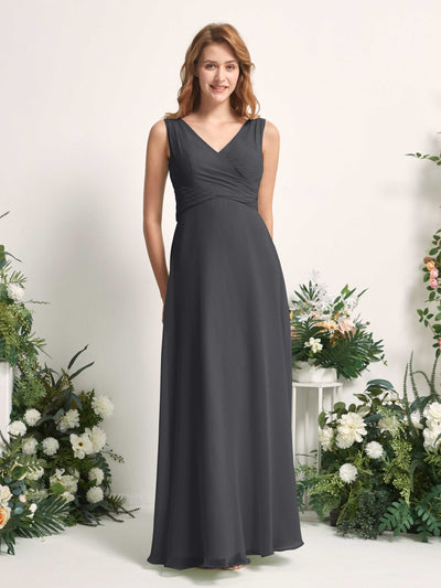 Carlyna June A-Line Pewter Bridesmaid Dress Maxi Sleeveless V-Neck Dress Front View #color_pewter