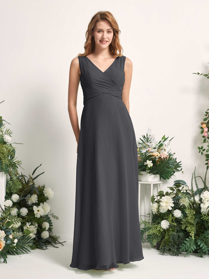 Bridesmaid Dress A-line Chiffon Straps Full Length Sleeveless Wedding Party Dress - Pewter (81227338)