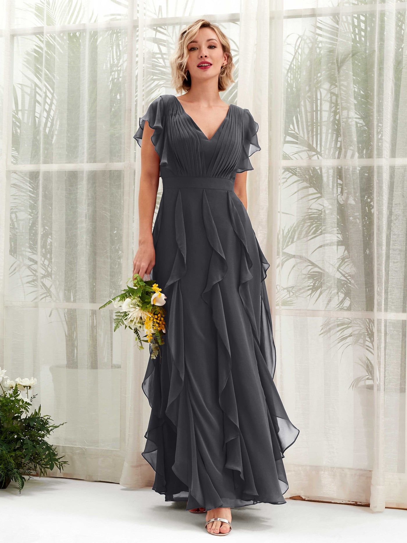 A-line Open back V-neck Short Sleeves Chiffon Bridesmaid Dress - Pewter (81226038)#color_pewter